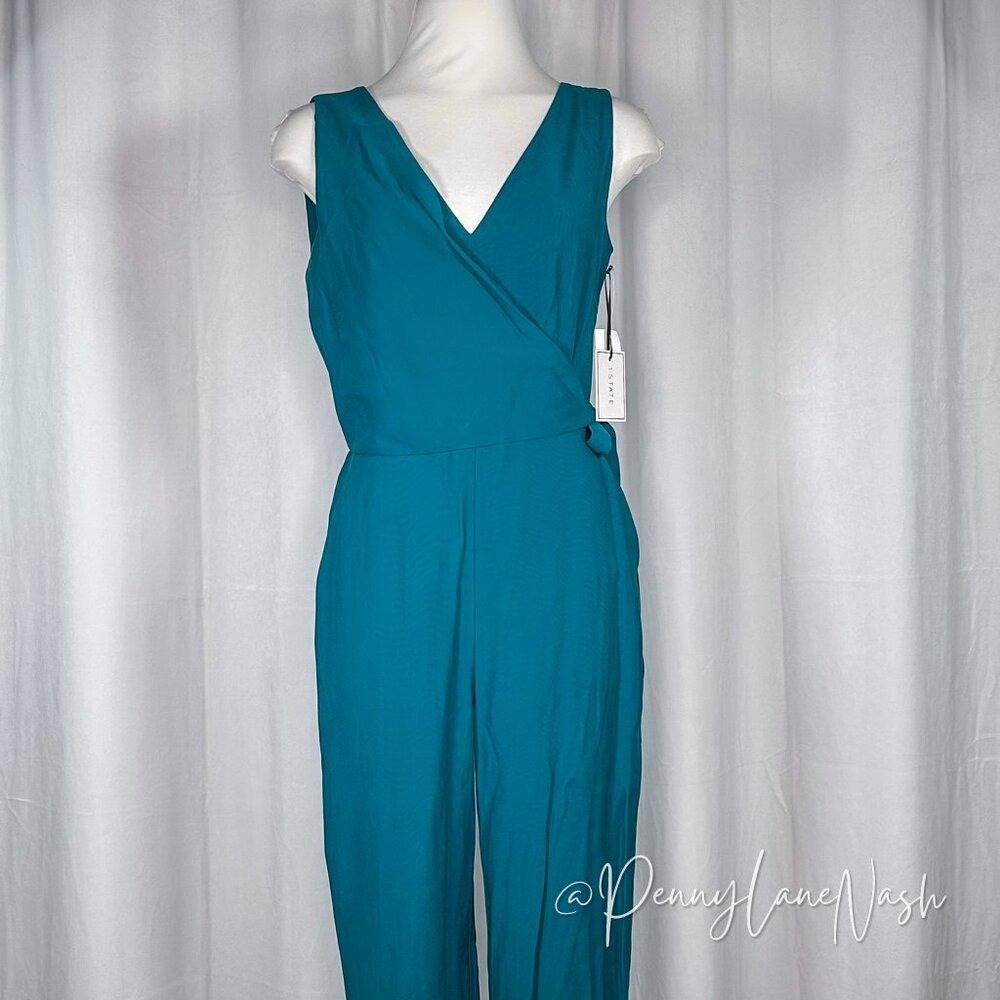 NWT 1.State Sleeveless Twill V Neck Wrap Jumpsuit Teal Size 2 - Picture 5 of 15